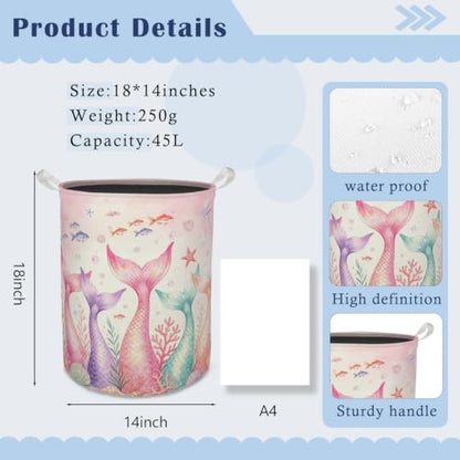 Pink Coastal Mermaid Laundry Basket Hamper,14.2"x14.2"x17.7" | Coastal Beach Mermaid Clothes Toys Books Waterproof Foldable Laundry Basket for for girls Kids Bedroom Bathroom Playroom - color: PINKMER