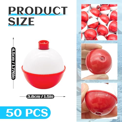 50 PCS Large Fishing Float,1.5inch Hard ABS Fishing Bobber,Red and White Bobbers,Push Button Round Buoy Floats for Tackle Accessories