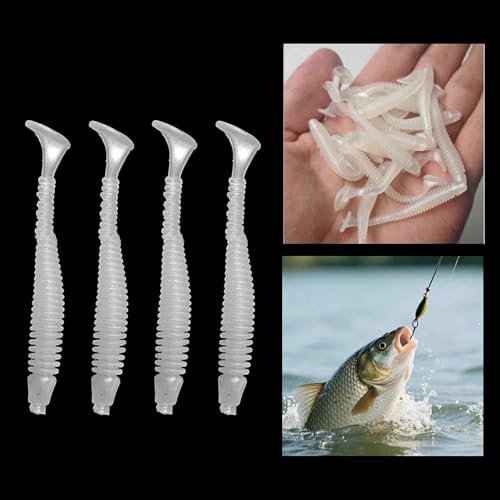 50PCS 5cm Soft Plastic Fishing Lures, PVC Paddle Tail Swimbaits for Bass Trout Walleye Crappie, T-Tail Grub Worm Baits Tackle Accessory - color: White