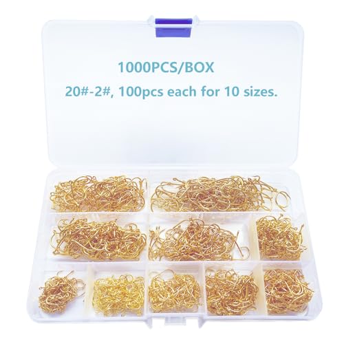 Dyxssm Small Fishing Hooks for Freshwater, 1000pcs 600pcs 400pcs Trout Fish Hook Set, 10 Sizes #2-#20 - color: Gold, style: 1000pcs (#2-#20)