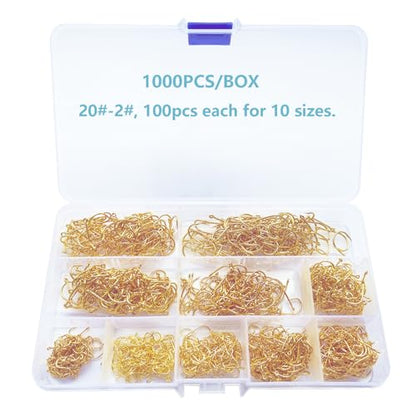 Dyxssm Small Fishing Hooks for Freshwater, 1000pcs 600pcs 400pcs Trout Fish Hook Set, 10 Sizes #2-#20 - color: Gold, style: 1000pcs (#2-#20)