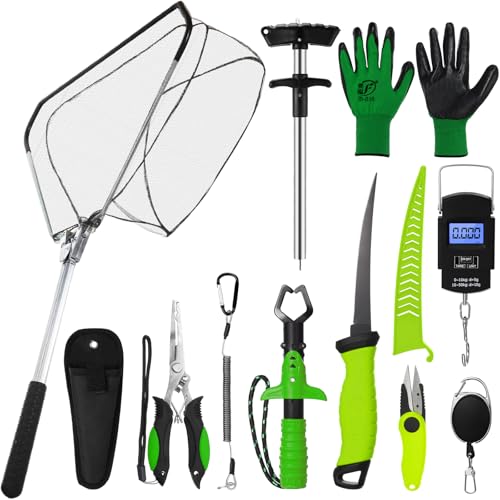 RoundFunny 10 Pcs Fishing Tool Kit, Fishing Pliers with Lanyard and Protective Sheaths, Landing Net, Fillet Knife, Fish Scale, Gripper, Hook Remover, Braid Scissors, Gloves for Men Dad Gift - color: Green