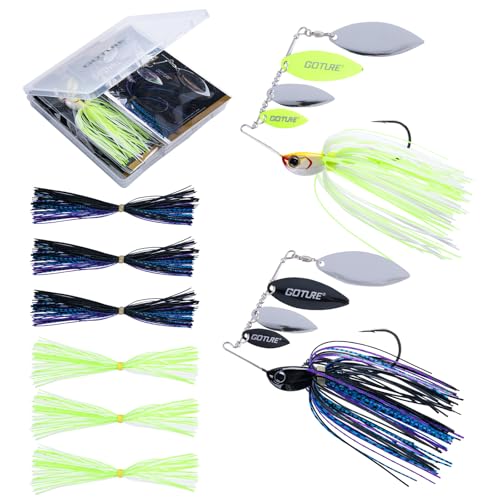 Goture Spinner Baits, Hard Metal Spinnerbaits Kit with 4 Spinner Blades, Spare Skirts Replacement, Buzzbait Spinnerbaits Fishing Lures for Bass Trout Pike Salmon Walleye Freshwater Saltwater - color: A1:2pcs(Fluorescent Green & Black), size: 10g 3/8oz