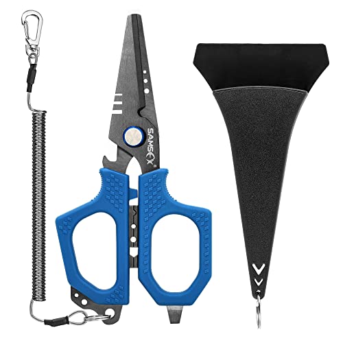 SAMSFX 6.5" Pro Fishing Shears Dual Serrated Blades, Fishing Braided Line Scissors with Titanium Coating, Non-Slip Grip & Multifunction Tool, Includes Hard Molded Locking Sheath & Coiled Lanyard - color: A: Blue Kraton Handle, Hard Sheath