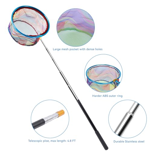 2PCS Fishing Net with Bucket, Telescopic Fishing Landing Net, Collapsible Youth Sand Bucket, Youth Fish Butterfly Catching for Freshwater Saltwater Outdoor Activities - color: Blue + Purple