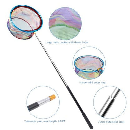2PCS Fishing Net with Bucket, Telescopic Fishing Landing Net, Collapsible Youth Sand Bucket, Youth Fish Butterfly Catching for Freshwater Saltwater Outdoor Activities - color: Blue + Purple