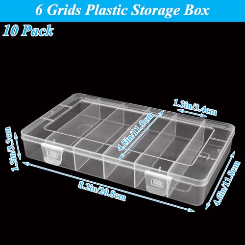 10 Pack 6 Grids Tackle Box Organizer, Clear Fishing Tackle Boxes, Clear Organizer Box with Dividers, Plastic Storage Organizer Container for Crafts, Beads, Earrings, Screws, Nail, Pins