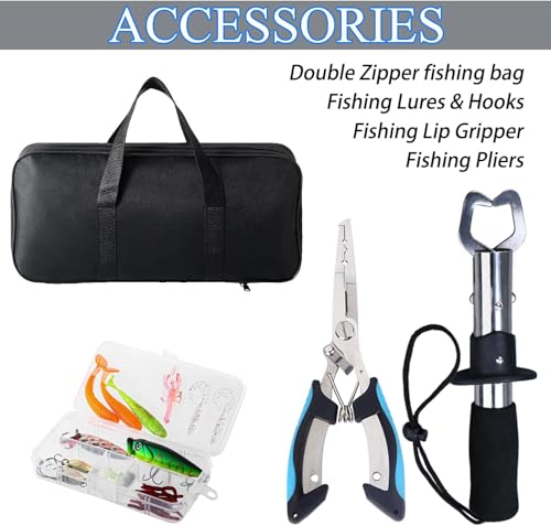 Tripquips Fishing Rod and Reel Combo with Fishing Net, 6.9ft Telescopic Fishing Pole Kit with Fishing Pliers, Lip Gripper, Fishing Lures,Pre-Loaded Spinning Reel Combo - color: Blue