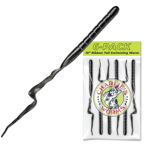 Charlie's Worms 10" Ribbon Tail Soft Plastic Worms for Bass Fishing, Freshwater & Saltwater Lures, Scented Swim Bait, Texas Rigged, Weedless, Large & Smallmouth, White Firetail, 6-Pack - color: Black
