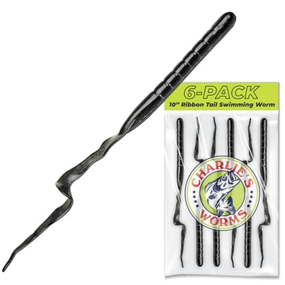 Charlie's Worms 10" Ribbon Tail Soft Plastic Worms for Bass Fishing, Freshwater & Saltwater Lures, Scented Swim Bait, Texas Rigged, Weedless, Large & Smallmouth, White Firetail, 6-Pack - color: Black