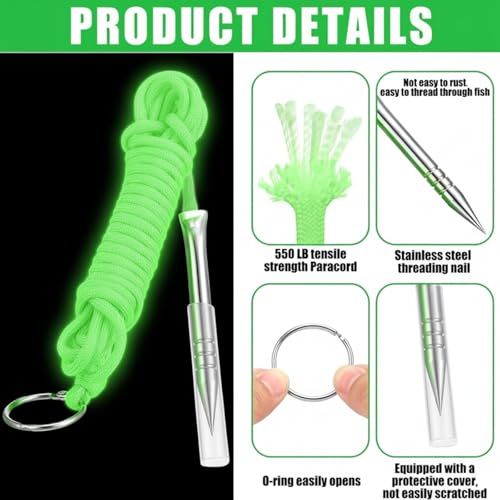 Soulchen 2 PCS 10 Ft 550lb Glow in The Dark Paracord Fishing Stringer Fish Holder with Stainless Steel Fish Spike and 1 Inch Split Ring - color: Green, Glow in Green