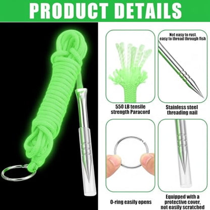 Soulchen 2 PCS 10 Ft 550lb Glow in The Dark Paracord Fishing Stringer Fish Holder with Stainless Steel Fish Spike and 1 Inch Split Ring - color: Green, Glow in Green