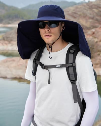 HUAMULAN Women Large Brim Sun Hat with Neck Flap, Men Quick Dry Hiking Fishing Safari Hat UPF 50+ - color: Navy With Mesh Panel