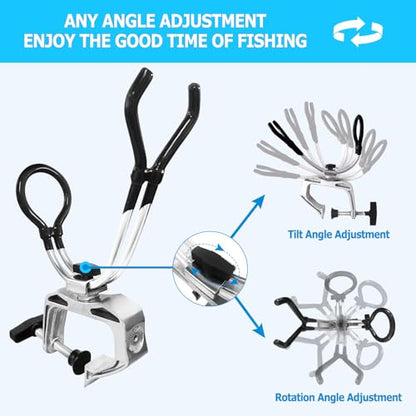 LBW Boat Fishing Rod Holder Dock Fishing Pole Holder 360 Degree Adjustable Dual-use Clamp on Rod Holder for Boat Aluminum Alloy Fishing Tackle Tool 2 Pack