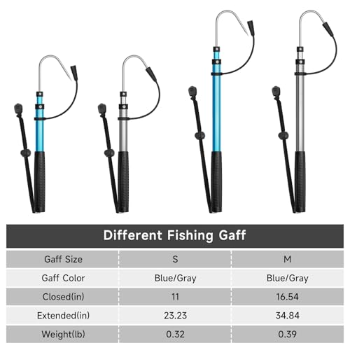 SANLIKE Telescopic Fishing Gaff, Aluminum Pole, Stainless Steel M8 Hook | Ultralight 4.62oz aluminum telescopic gaff (11.4"-24") with nonslip rubber handle, sharp stainless hook & safety lanyard - color: Blue, size: M-Extended 34.84"