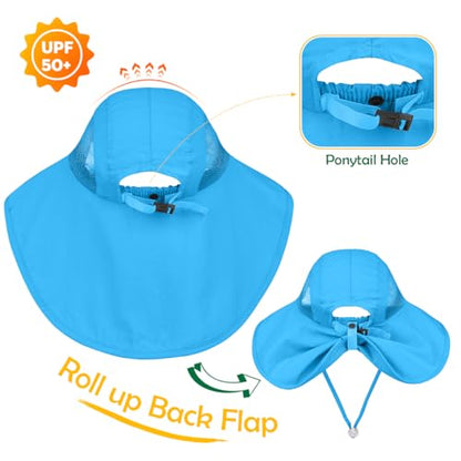 Kids Sun Hat UPF50+ Summer Beach Play Sun Protection Hats with Neck Flap for Ages 5~14 Girls Boys - color: Blue＆purple