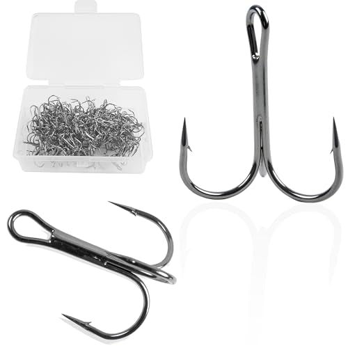 50 Pack Fishing Treble Hooks Kit High Carbon Steel Fish Hook Strong Sharp Round Bend Split Rings for Lures Baits Saltwater Freshwater Fishing Size 1/0 2 4 6 8 10 - color: Black, size: 2# - 50pcs