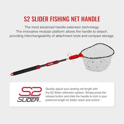 EGO S2 Slider Fishing Net Handle | Adjustable Extension Handle, Minimal Water Drag Design, Ergonomic Foam Grip for Landing Nets - size: 18" to 36" Handle, 17" x 19" Hoop, style: Lightweight Non-tangle Clear Rubber Mesh