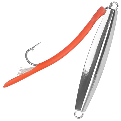 Diamond Jig Saltwater Fishing Lures Casting Jigging Spoon with Tube Tail Stainless Steel Hooks Trolling Lures Striped Bass Metal Jig for Deep Sea Surf Fishing Bottom Dragging Sinking - color: Red, size: 3 oz