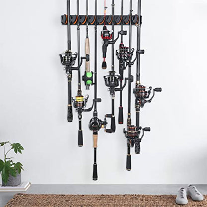 PLUSINNO V9 Vertical Fishing Rod Holders, Wall Mounted Fishing Pole Holders, Fishing Rod Rack Holds Up to 9 Rods or Combos, Fishing Rod Holders for Garage,Fishing Gear and fishing Gifts for Men - style: Orange 1-pack (store 9 combos)