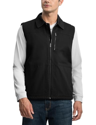 TBMPOY Men's Winter Vest Casual Sherpa Fleece lined Full Zip Lightweight Vest Outerwear Warm Cotton Travel Jackets - color: Black, size: Large