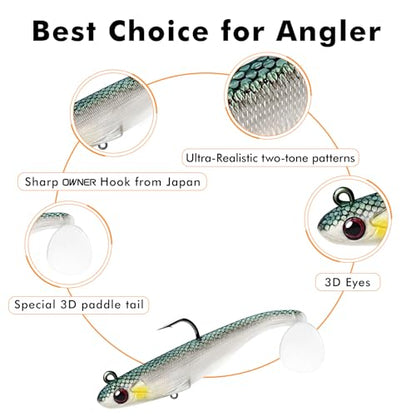 TRUSCEND Shadtale Easy Catch Soft Fishing Lures with BKK Hooks - Trembly Sinking and Vibrating Swim for More Bites, Pre-Rigged Swimbaits for Bass, Trout, Crappie, Walleye, Freshwater Saltwater Fishing - color: 5",1.2oz