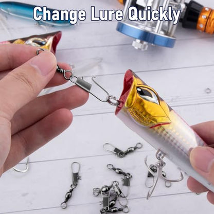 Alwonder 100-Pack Fishing Snap Swivels, Barrel Swivels Fishing Tackle with Snaps Freshwater, Stainless Steel Safty Interlock Snap Swivel Black Nickel Coated Lure Hook Connector Quick Change Clips - size: #12-26LB-1.04"