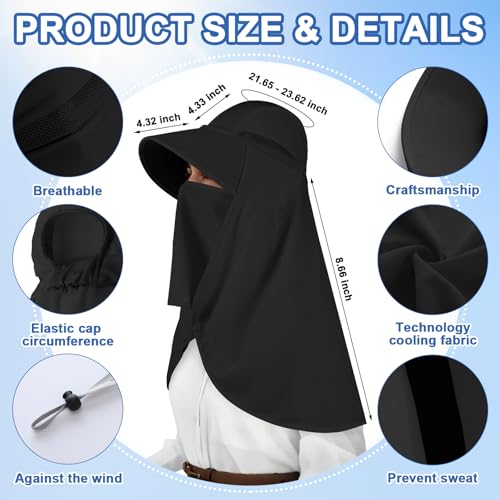 Skicuff 1/3 Pcs Women Sun Hat with Neck Flap Face Cover UPF 50+ UV Protection Wide Brim Visor Fishing Hat for Outdoor Hiking - color: Black