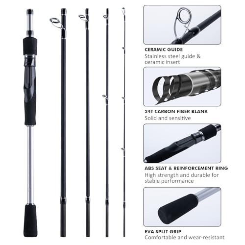 Goture Portable Travel Spinning Fishing Rod - 5/6 Sections Adjustable Rods with Case - Lightweight 24T Carbon Fiber Fishing Rods for Trout Bass Walleye Pike Saltwater Freshwater, 7FT Impact Series