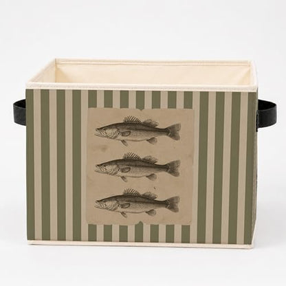 Coastal Beach Fishing Storage Bins with Handles, Olive Green Striped Sea Bass Fish Collapsible Clothes Toys Books Organizer Basket for Beach House Home Bedroom Bathroom
