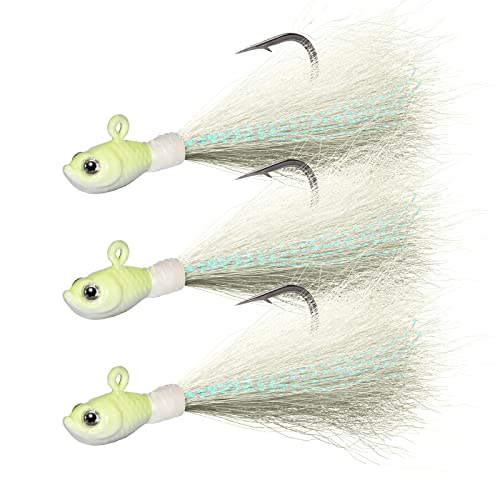Dr.Fish 3 Pack Bucktail Jig Lure Hair Jig Saltwater Freshwater Lures Surf Fishing Bass Flounder Striper Bluefish Halibut Redfish - color: Glow in Dark(pack of 3), size: 1/2 oz