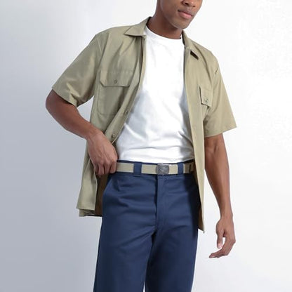 Dickies mens Fabric Web Plaque Logo Buckle Belt - Fits Up to Size 42" Waist - color: Tan, size: One Size - Cut to Fit