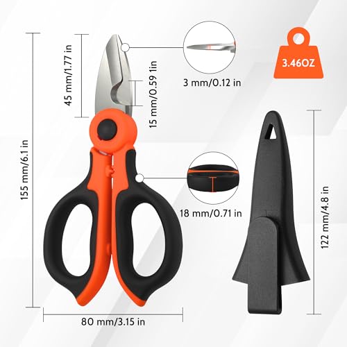Lichamp 6.4" Orange Stainless Electrician Scissors to Cut, Strip & Crimp | Multi-Function Shears, Wire Stripper, Cutter & Crimper, Orange Handle, ABS Holster, Sharp Blades, for Electrical Work & DIY