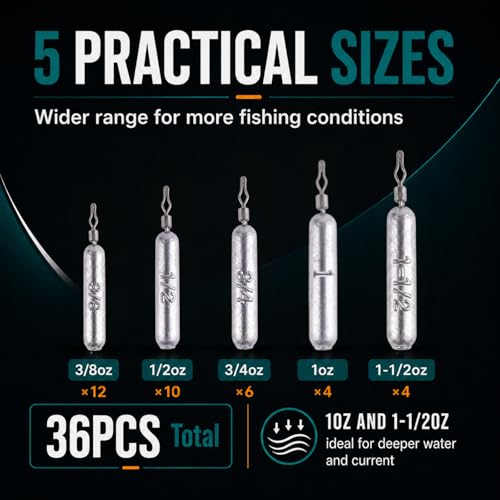 Pencil Drop Shot Weights, 24pcs/36pcs 3 Sizes/5 Sizes Lead Sinkers with Double Wire Loop Swivels, Heavy Rig Sinkers for Deep Water Bass Fishing, Freshwater Drop Shot Rig with Storage Box - size: 36 PCS/ 5 Sizes