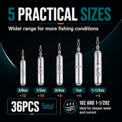 Pencil Drop Shot Weights, 24pcs/36pcs 3 Sizes/5 Sizes Lead Sinkers with Double Wire Loop Swivels, Heavy Rig Sinkers for Deep Water Bass Fishing, Freshwater Drop Shot Rig with Storage Box - size: 36 PCS/ 5 Sizes
