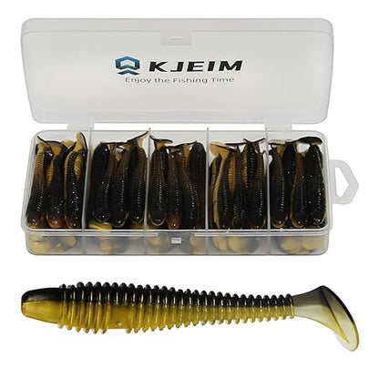 Paddle Tail Swimbaits, 50 PCS Ribbed 3 Inchs Soft Plastic Fishing Lures for Bass Trout Crappie Walleye Saltwater/Freshwater Fishing - color: Yellow Black