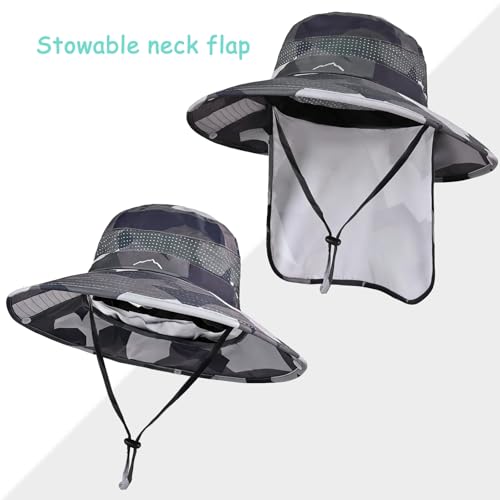 Sun Hats for Men Women, UPF50+ Protection Safari Hat,Wide Brim Fishing Hat with Neck Flap,Bucket Hats for Beach Hiking - color: Camodgrey