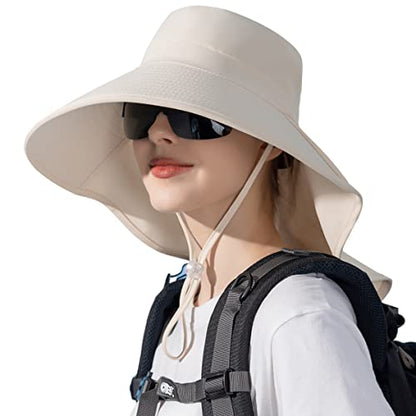 HUAMULAN Men Summer Sun Hat Women Safari Wide Brim Fishing Hats UV Protection Neck Flap Bucket Gardening Hiking Hunting Cap - color: Bg8112-beige