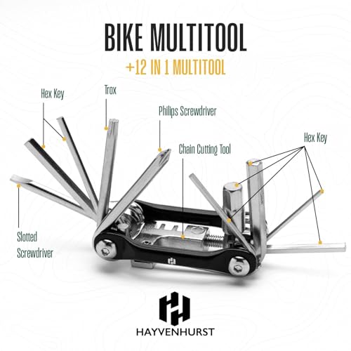 Bike Multitool - Bike Tool Kit -12 In 1 Lightweight Stainless Steel Bicycle Multi tool - Safety Locking, Survival Gear With Hex Key, Screwdriver, Chain Cutting Tool by Hayvenhurst - style: Bicycle Multitool