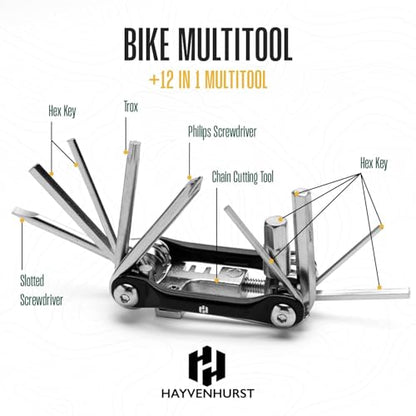 Bike Multitool - Bike Tool Kit -12 In 1 Lightweight Stainless Steel Bicycle Multi tool - Safety Locking, Survival Gear With Hex Key, Screwdriver, Chain Cutting Tool by Hayvenhurst - style: Bicycle Multitool