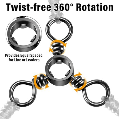 Alwonder 100-Pack 3 Way Swivels Fishing Tackle, 28-143LB Stainless Steel Black Nickel Three Way Swivel Fishing Swivels Connectors Saltwater Freshwater Surf Deep Drop Catfishing Rigs Tackle - size: #5-40LB-100 Pack