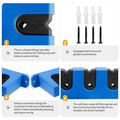 DZrudun Horizontal Fishing Rod Holder for Garage Wall Mounted - 2 Pack (12 Rods) Fishing Pole Storage Rack with EVA Grip, Interlocking Fishing Pole Holders for Garage Organization, Best Fish Gifts Men - style: Horizontal Blue, 2 Pair
