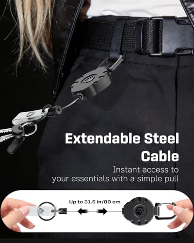 Uniclife Retractable Keychain Heavy Duty Carabiner Badge Holder Tactical ID Badge Reel for up to 8 oz with Stainless Steel Spring Coil 31.5 Inch Steel Wire Rope Retractable Lanyard Clip and Key Ring - color: Black, size: 1 Pack