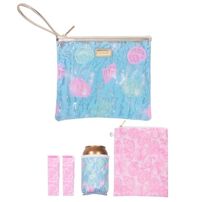 Lilly Pulitzer Water Resistant Vinyl Beach Day Pouch, Zipper Bag Includes Drink Hugger, Small Pouch, and Towel Clips - color: Shelden