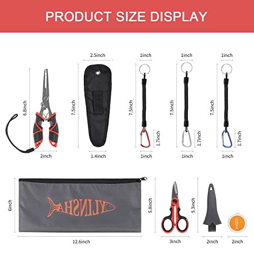 Fishing Tool Kit - 8pc Including Fillet Knife, Scissors, Pliers, Measuring Ruler, Anti-Lost Lanyard, Waterproof Storage Bag