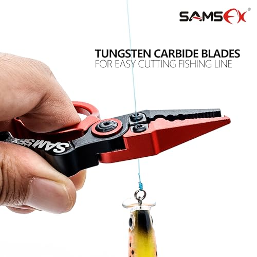 SAMSFX Mini Fishing Pliers with Fly Fishing Zinger Retractor, Fish Hook Remover Tool, Split Ring Pliers for Saltwater & Freshwater, Tungsten Carbide Cutters, Fishing Gear Gift for Anglers - color: Red