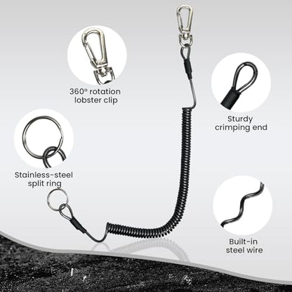 Pristis 6 pcs Fishing Coiled Lanyards, Heavy-duty Retractable Keychain Pole Tether, Safety Leash Steel Wire & Carabiner Clip - color: Black & Blue & Yellow