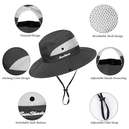 Sun Hat for Women Summer UV Protection Beach Hat Wide Brim Mesh Bucket Fishing Hat with Ponytail Hole Foldable Packable Hat - color: Grey(with Ponytail Hole)