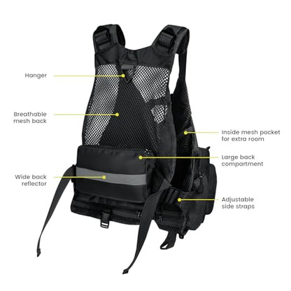 Gonex Fly Fishing Vest for Men Women, Comfortable Adjustable Fishing Vest with Multi-Pockets Reflective Stripes - color: Black