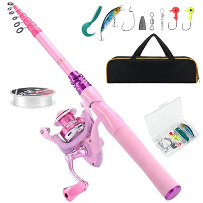 Fishing Rod and Reel Combos, Carbon Fiber Telescopic Fishing Pole Kit with Spinning Reel, Fishing Line, Fishing Lures, Travel Bag for Woman Girl Beginner Saltwater Freshwater - color: MACARON PINK